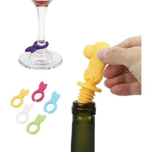 1pc Wine Stopper Cute Chef Bottle Stopper Wine Preserver With 6pcs Wine Glass Charm Bar Accessories For Party