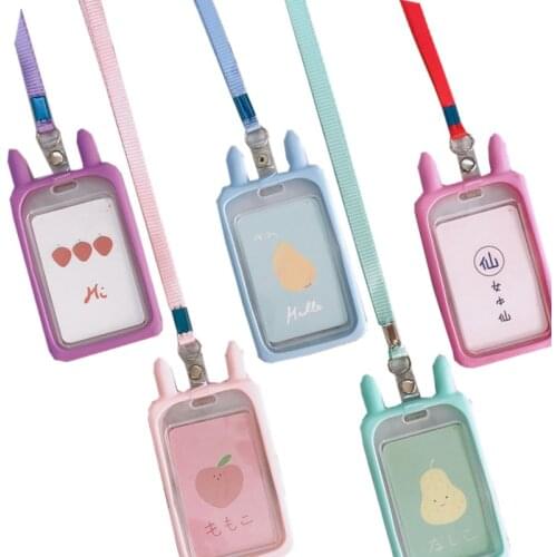 11.5*7.5cm Card Sleeve Cartoon Rabbit Ear Silicone Staff Work Card Holder with Lanyard Neck Strap Employees Card Cover Case
