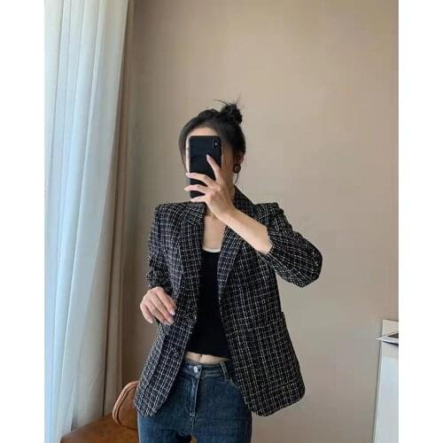 2021 Tweed Plaid Short Suit Coat Small Korean Spring And Autumn Fashion Versatile Top Retro