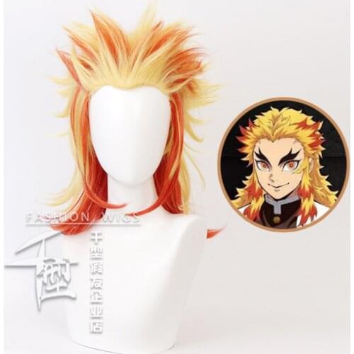 60cm Anime Demon Slayer: Kimetsu no Yaiba Cosplay Rengoku Kyoujurou Role Playing Wigs Halloween Citrus Gradient Fiery Red wig