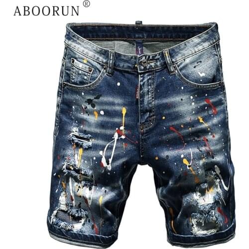 ABOORUN Summer Mens Jeans Shorts Paint point Ripped Hi Street Denim Shorts Fashion Casual Slim fit Shorts for Male R1643