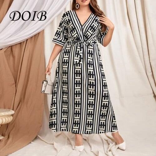 DOIB Women Geometric Plus Size Dress Cross V Neck Sashes Short Sleeve Large Size 2021 Summer Fashion Dress