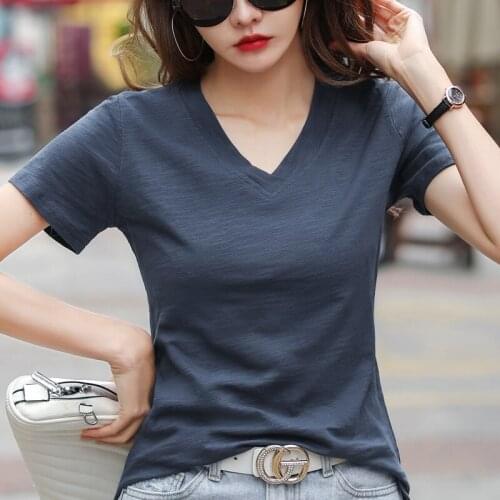 Women Harajuku White T-shirt Summer Brand Cotton T Shirts Female V-Neck Short Sleeve Tshirts Casual Loose Simple Solid Tees Tops