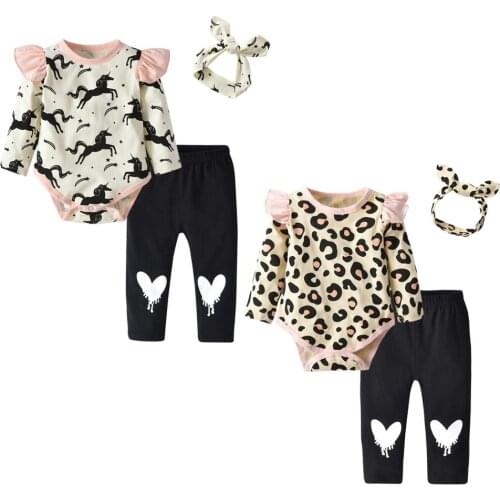 Newborn Baby Girl Clothes 3Pcs Outfits Set Cute Cartoon Print Long Sleeve Rompers+Casual Pants+Headband Infant Toddler Clothing