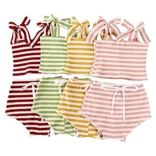 2020 Summer Newborn Baby Girls Clothing Set Toddler Sleeveless Striped Sling Top + Drawstring Knitted Shorts 3-24M Infant Outfit