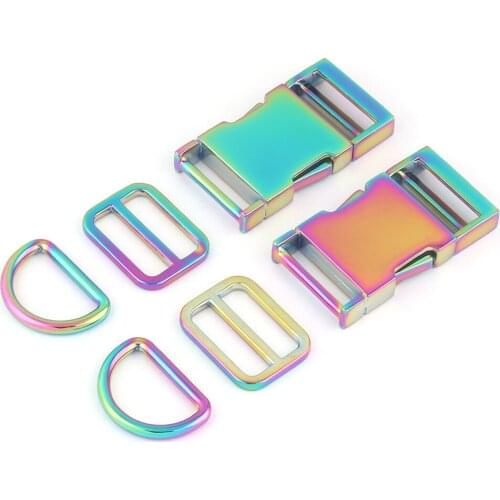25mm Rainbow Metal Adjuster Slide Release Buckle,Ribbon D Ring Dog Collar Hardware Strap Buckle Purse Backpack Webbing Supplies