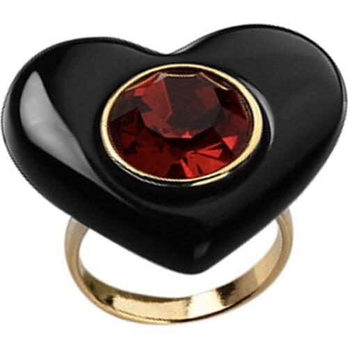 Milangirl Popular Ladies Ring Gold Plated Color Black Heart Love Shaped Inlaid Red Crystal Metal Ring for Party Jewelry