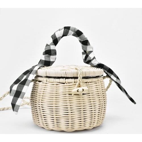 New Rattan Bag Handbag Lattice Silk Scarf Portable Straw Bag Cylinder Small Jar Beach Bag