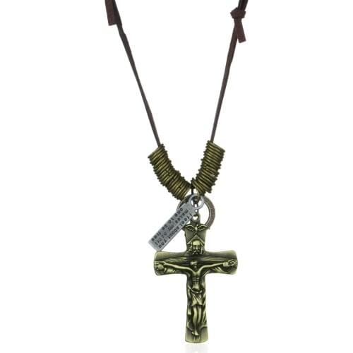 Religious Crucifix Jesus Cross Necklace Antique Bronze Color Letter Tag Pendant Necklace Leather Chain Choker Male Jewelry Gifts