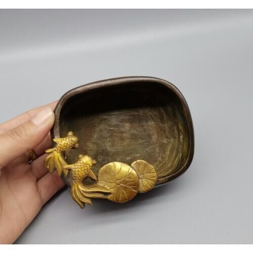 Old Chinese Brass Carving Fish and Lotus Leaf Roundness Writing-Brush Washer