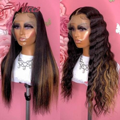 Wicca Highlight Color 13x4 Lace Front Wigs Pre Plucked Remy Brazilian Human Hair Deep Wave Wigs for Women With Baby Hair