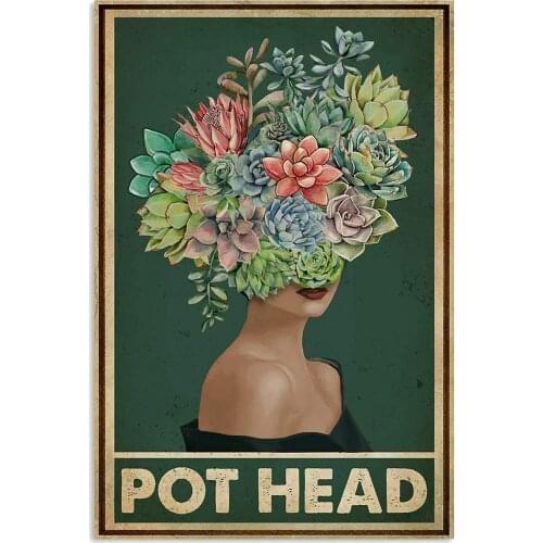 Green Pot Head Succulent Vintage Poster Metal Tin Signs Iron Painting Plaque Wall Decor Bar Cat Club Novelty Funny Bathroom