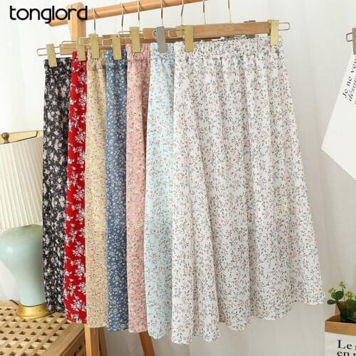 Summer Skirts Womens 2021 Vintage Floral Printed Chiffon A-Link Skirt Elastic High Waist Casual Midi Skirt With Lining For Beach