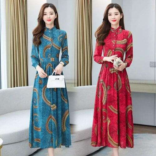2020 New Women Long Dress Flower Print Stand Sleeve Female High Waist Thin Chiffon Young Retro Vestiods Ladies Long Dress H123