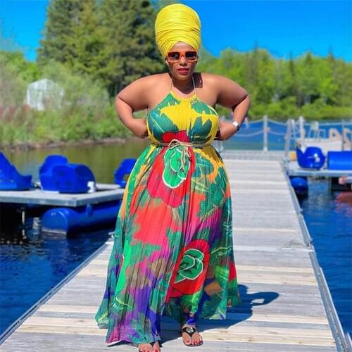 XL-5XL Plus Size Gradient Floral Oversize Dress Women Halter Neck Open Back Pleated Maxi Dress Vintage Off Shoulder Beach Robe