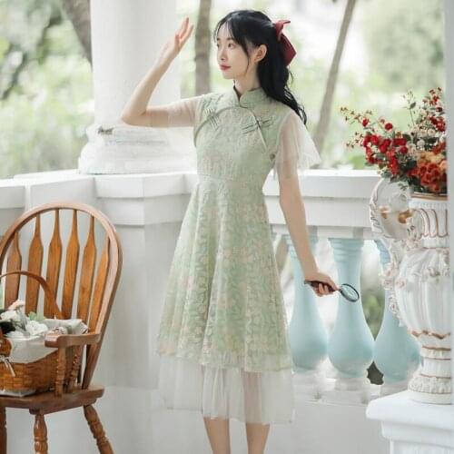 2021 New Retro Lotus Leaf Sleeve Elegant Embroidered Green Cheongsam Dress Summer Gentle Girl Lace Improved Floral Dress