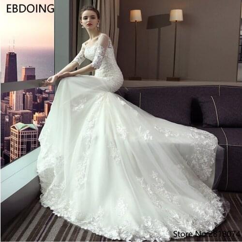 Vestidos De Novia EBDOING Elegant Wedding Dress Mermaid Lace Beaded Scoop Neckline Half Sleeves New Arrive Wedding Gown