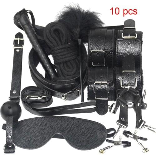 10pcs/Set Stimulate Bondage Restraints Leather Plush BDSM Sex Handcuffs Whip Metal Anal Plug Erotic Sex Toys For Couples Adults