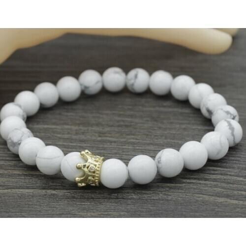 8mm crown copper xy324 white Howlite Onyx Yoga elastic thread adjusted bead nature black volcanic lava Stone Bracelet Bangles