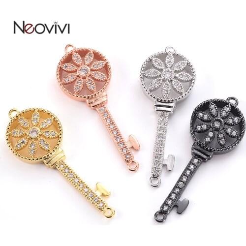Neovivi Hollow Flower Key Charms for Jewelry Making Bracelets Connector Necklaces Handmade DIY Findings Pave White Cubic Zircon