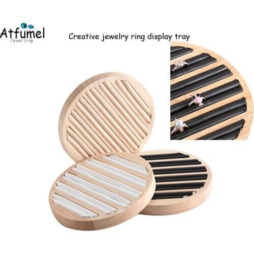 Round Wooden Ring Jewelry Box Storage Case PU Slot Ring Bangle Cufflink Jewelry Organizer Display Tray Wood Ring Display Case