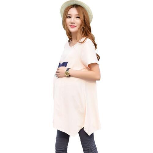 Pregnant WOMENS T-shirt Mid-length Cotton Plus-sized Top Loose-Fit Short Sleeved Base Shirt Plus-sized Maternity Dress Summer