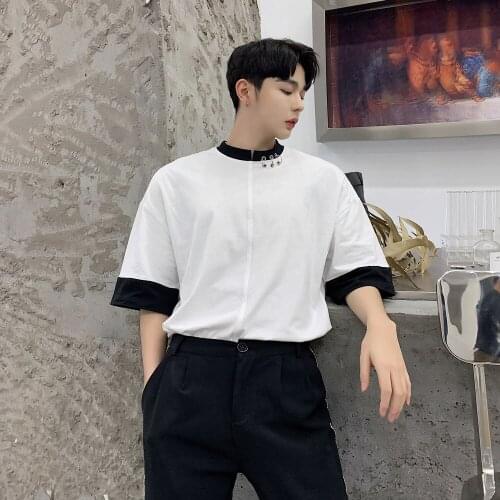 Mens summer streetwear hip-hop loose casual short-sleeved T-shirt mens black and white stitching iron ring T-shirt
