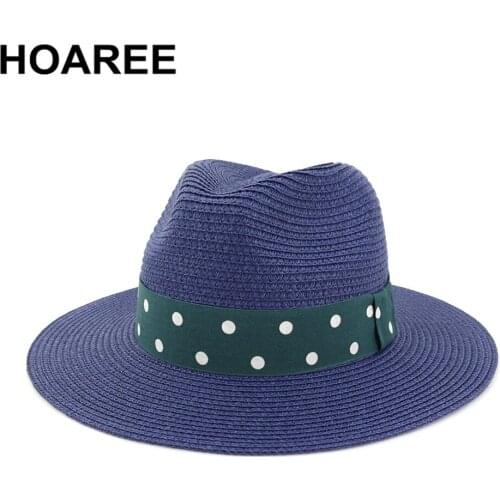 HOAREE Dot Print Women Straw Fedora Female Sunhat Vintage Panama Hat Summer Beach Sun Visor Cap Chapeau Jazz Trilby Cap Sombrero