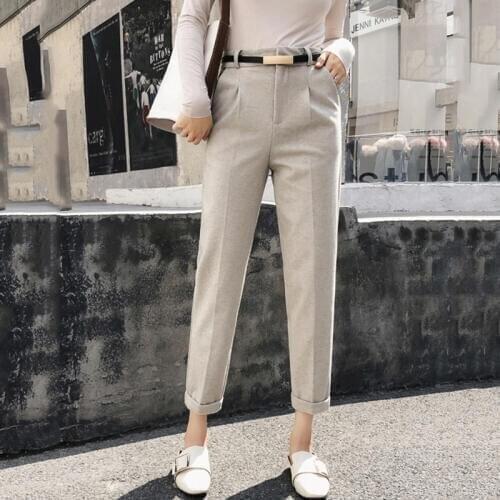 Korean Winter Woolen Pants Women New 2019 High Waist Belted Harem Ankle Length Suit Trousers Female Autumn Womens Pencil Pant