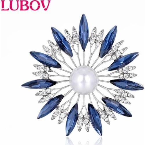 LUBOV Big Round Blue Crystal Stone Inlaid Hollow Metal Brooch Pin Luxury Women Costume Brooch Party Jewelry 2021