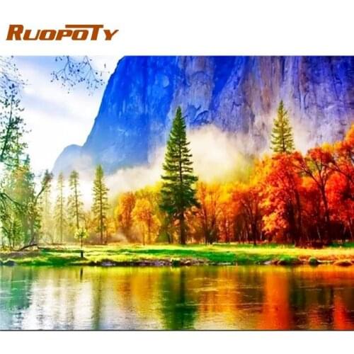 RUOPOTY Oil Paint By Numbers For Kids Home Decoration River On Mountan Scenery Picture By Number HandPainted Artcraft 60x75cm