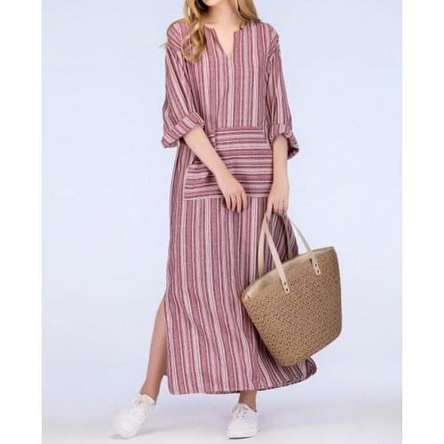 Baggy Long Sleeve Striped Boho Cotton Linen Womens Maxi Dress Female Casual Loose Kaftan 2021 Plus Size Women Clothing 4XL 5XL