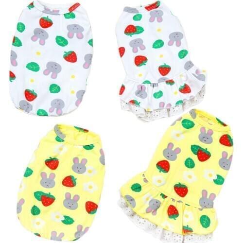 Cute Pet Clothes Soft Cotton Cat Dog Dress Summer Strawberry Rabbit Pattern Sleeveless Tank Top O-neck Hoody Skirt For Small Dog