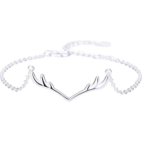 Fashion 925 Sterling Silver Bracelet Womens Birthday Link Simple Antlers Charms Lucky Chain Bangle Wedding Jewelry Gifts