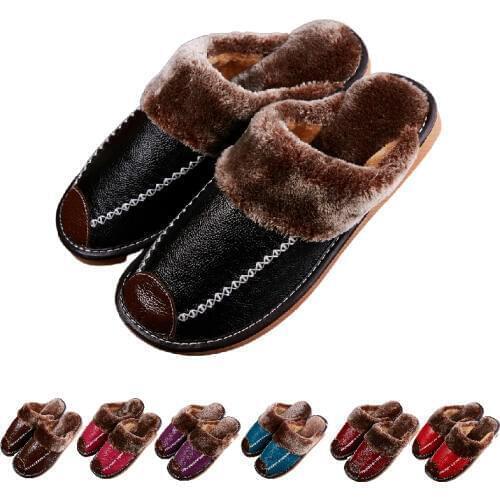 Men and Women Cotton Slippers Winter Home Warm Slippers Autumn Winter Real Leather Slippers Home Baotou Cotton Indoor Slippers