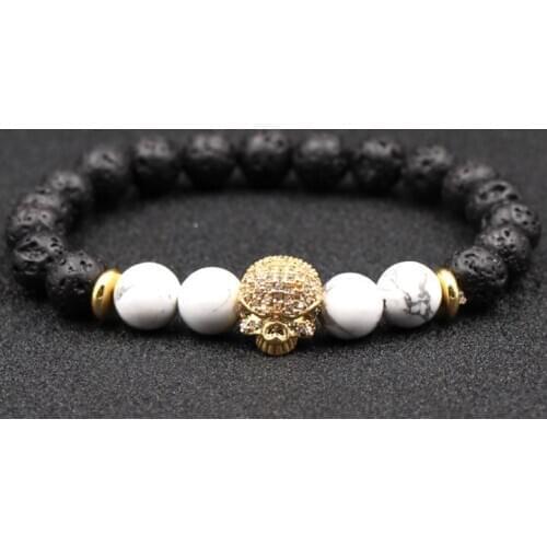 8mm jth3 skull cz zircon cubic zirconia elastic adjusted black volcanic lava Bracelet Stone bead white Howlite men
