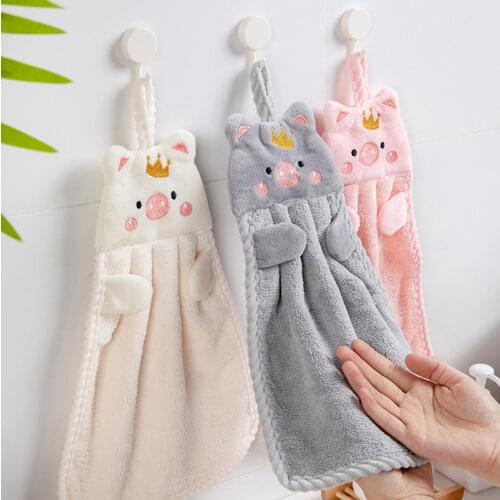 1Pcs Soft Korean Style Hand Towel Cartoon Pig Embroidery Handkerchief Absorbent Household Wall Mounted Kitchen Bathroom Supplies