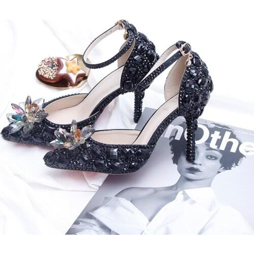 BaoYaFang 2019 NEW ARRIVE Black Crystal Wedding shoes Woman Thin heel pointed toe Bridal Party dress shoe big size Shoes