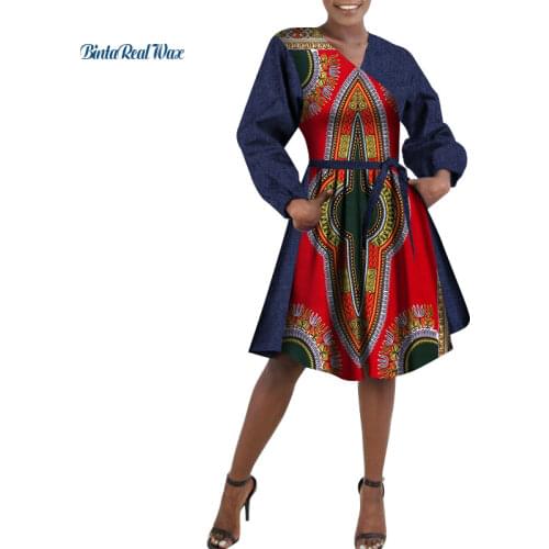 New African Dresses for Women Bazin Riche Cowboy Print Knee-Length Waistband Pocket Dresses Dashiki Women African Clothing WY433