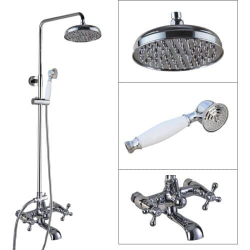 New Chrome Wall Mounted 8" Rain Shower Faucet Set Double Corss Handles Tub Mixer Tap + Hand-Held Shower Head acy321