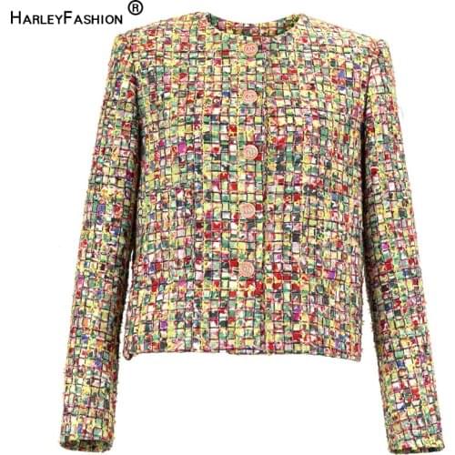 Fall Spring Women Elegant Lady Colorful Romantic Tweed Fabric Woven Chic Quality Outerwear Street Jackets European Stylish Coats