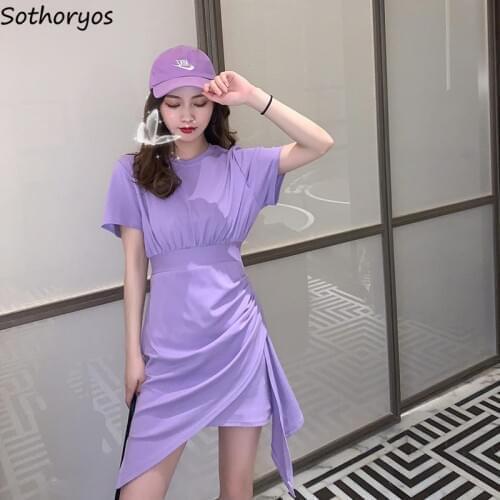 Dress Women Short Sleeve Solid Summer Fashion Korean O-neck Mini Plus Size 2XL Slim Bodycon Casual Irregular Streetwear Chic