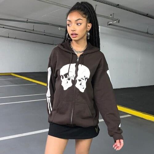 Zip-Up Casual vintage Sweatshirt Women Long Sleeve Hoodies Gothic grunge Print Coat Harajuku Punk Jackets Brown Streetwear tops