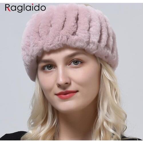 Headband women natural rex rabbit fur hairbands winter warm knitted headwear