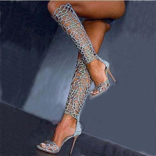 Turquoise Snakeskin Crystal Embelished Women High Boots Knee High Thin High Heels Gladiator Sandals Boots Shining Cage Boots