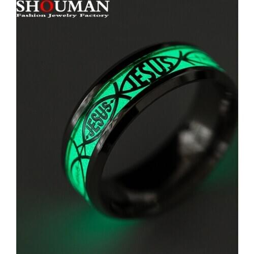SHOUMAN Luminous Glowing in the Dark Golden Jesus Inlay Green Background Fashion Men Women Fluorescent Rings