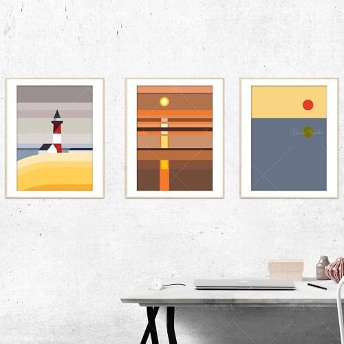 Nordic Abstract, Lighthouse Triptych, Modernist Abstraction, Minimalist Artwork Poster, Sunset Set, Modern Geometric Art