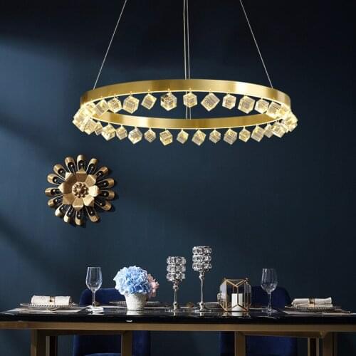 Modern Cube K9 Crystal Led Dimmable Pendant Light Luxury Copper Circle Pendant Lamp Lustre Gold Deco Suspend Lamp Led Fixtures