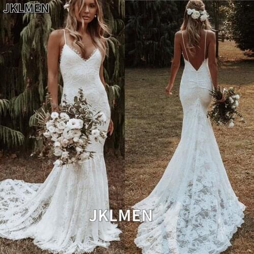 Boho Mermaid Wedding Dresses 2021 with Spaghetti Straps Backless Sexy Beach Bride Dresses Bohemian Bridal Gowns Vestido De Noiva