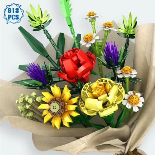 Technical Romantic Flowers Bouquet Building Blocks Ideas Rose Diy Bricks Home Decoration Assembly Toys for Girls Friends Gifts